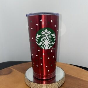 1 Starbucks Christmas Red Green‎ Polka Dots Stainless Steel Tumblers 20 oz